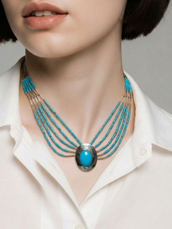 Native Jewelry - Vintage Sterling Multi Strand Turquoise Beaded Statement Necklace Sun 19in
